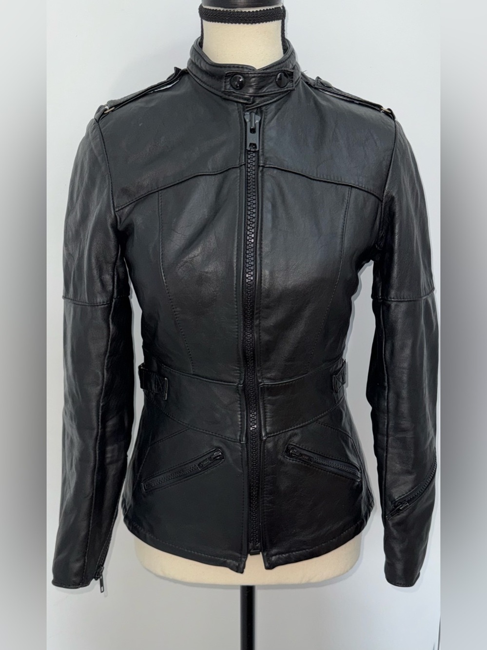 Vintage ANGORA black leather motorcycle jacket best fit‎ size XXS XS